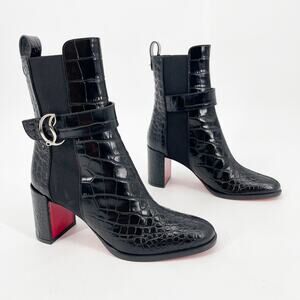 NWOB Christian Louboutin CL Chelsea Booty Black Croc Embossed Ankle Boots EU 37